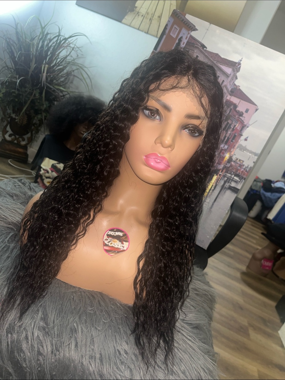 Natural  curl  100% human hair center parted Lace Front Wig - Black